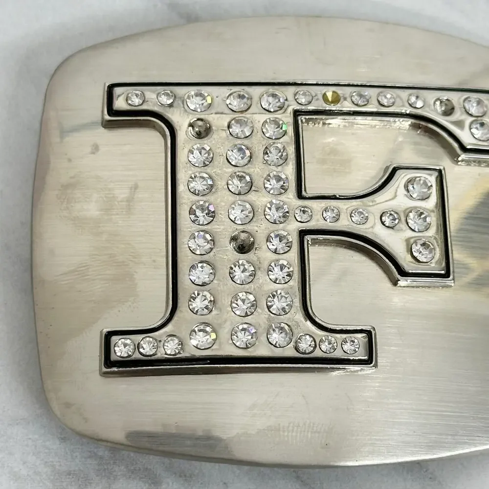 Rhinestone Studded F Letter Initial Monogram Silver Tone Belt Buckle
